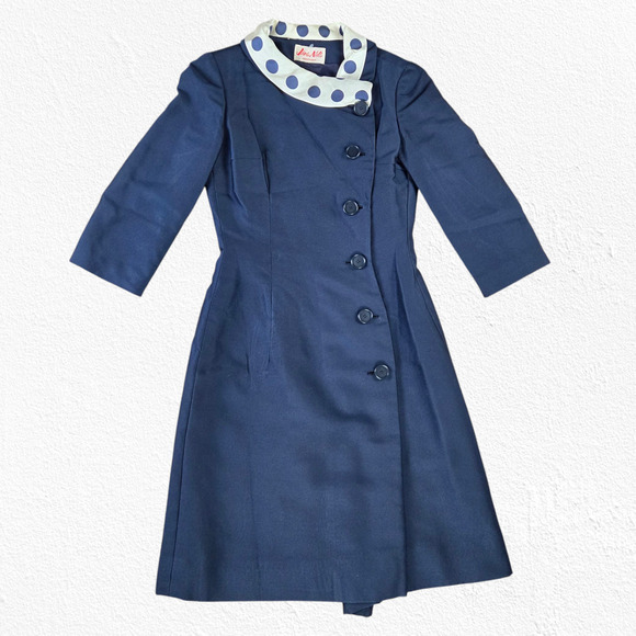 1950s Vintage Navy Polka Dot Collar Asymmetrical Button Jane Nell Dress Size 4 - Picture 1 of 7